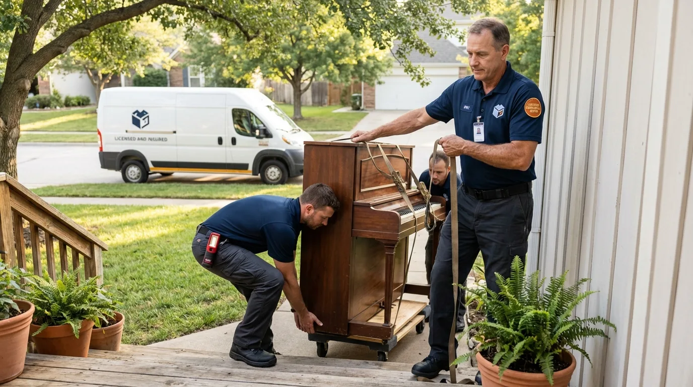 Licensed piano movers securing grand piano in Richwood, NJ