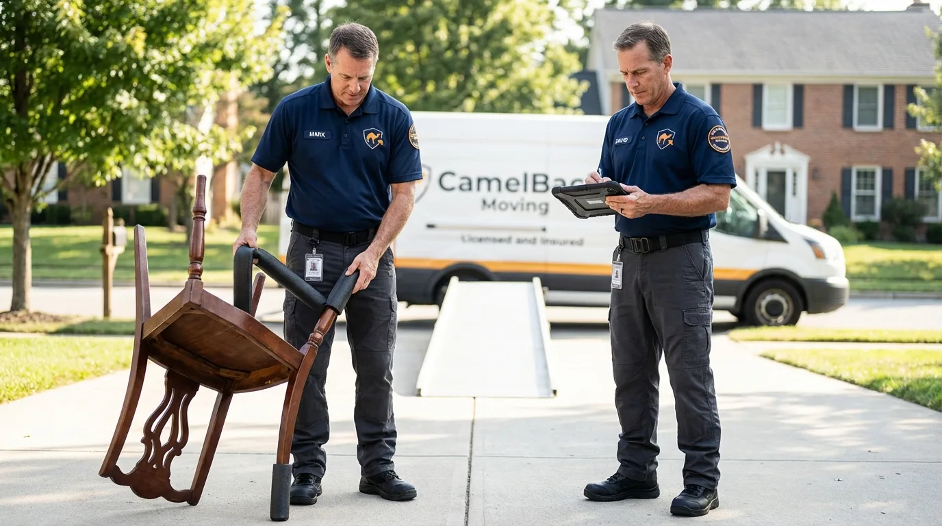 Movers inspecting furniture for damage prevention before loading in Richwood, NJ