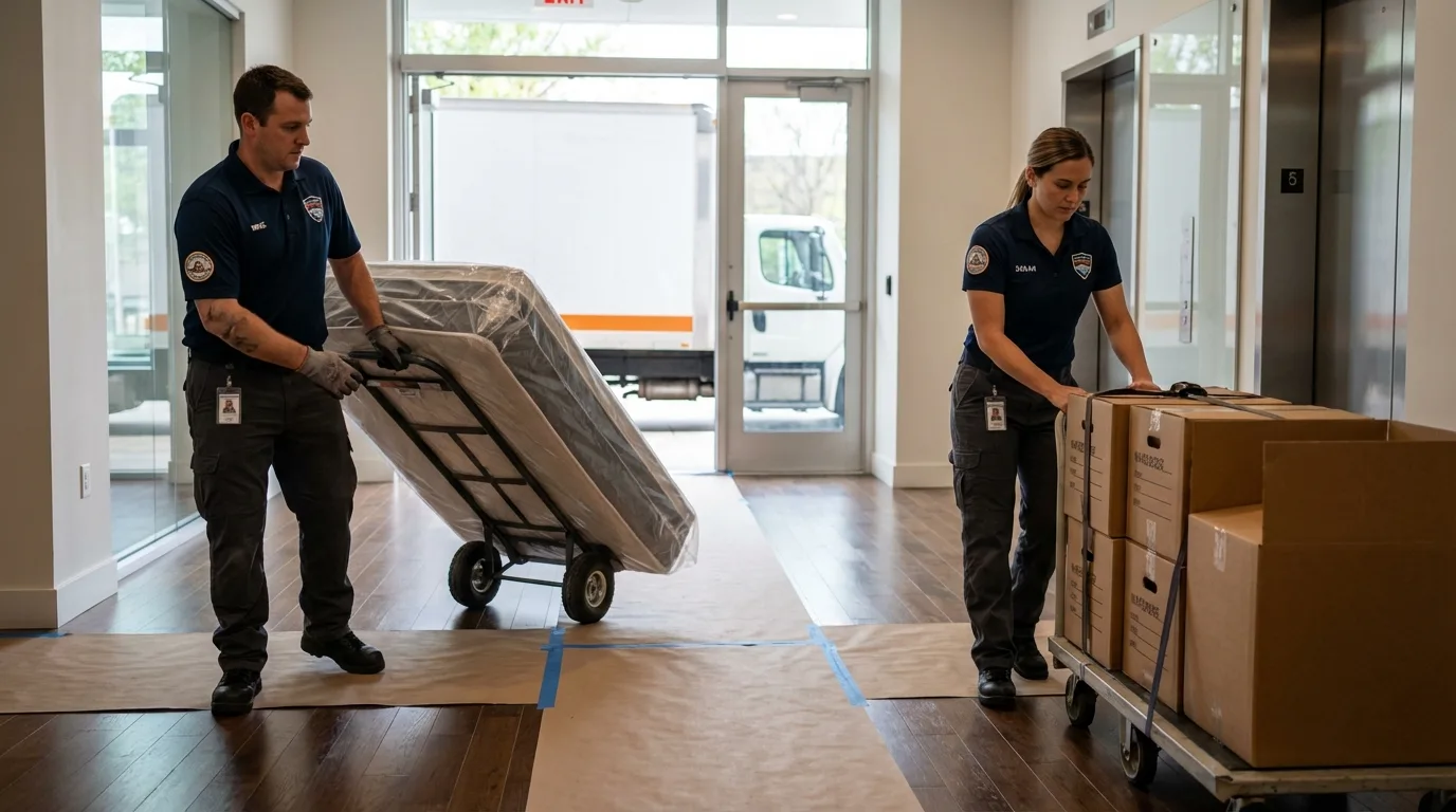 Professional apartment movers loading elevator in Richwood, NJ