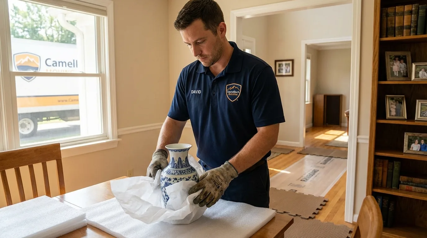 Professional crew carefully wrapping antique vase for senior downsizing move in Richwood, NJ